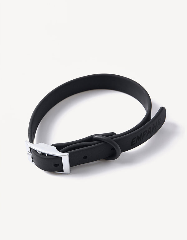This image features the EMPAWR city dog collar in black color. Designed for both style and functionality, the collar showcases a sleek, minimalist design that is water, dirt, and odor-resistant, ensuring easy maintenance.