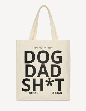 Empawr tote bag with the phrase "Dog Dad Stuff" and "EST 2021" printed in bold black letters.