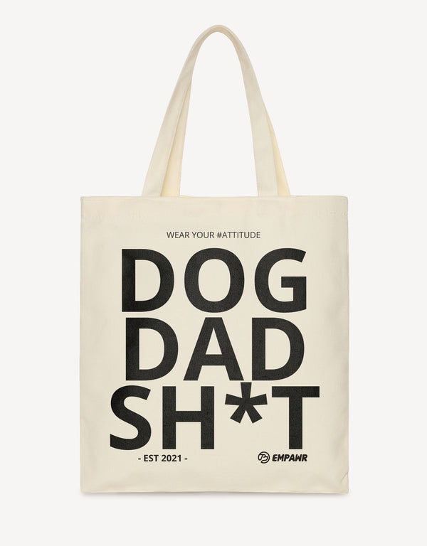 Empawr tote bag with the phrase "Dog Dad Stuff" and "EST 2021" printed in bold black letters.
