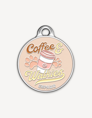 Coffee & Walkies personalized dog ID tag by EMPAWR — coffee-inspired jewelry-grade engraved pet tag.