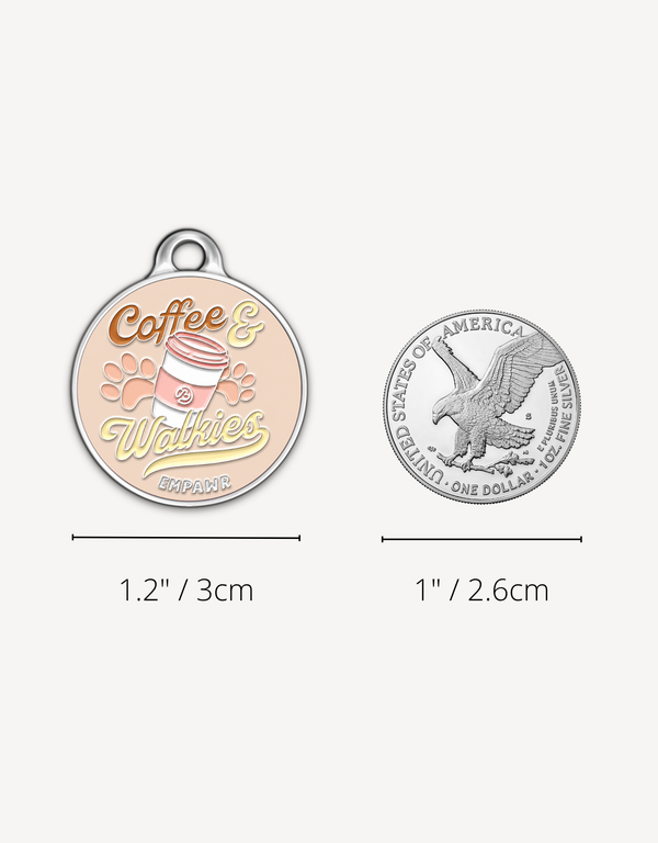 Coffee & Walkies personalized dog ID tag by EMPAWR — coffee-inspired jewelry-grade engraved pet tag.