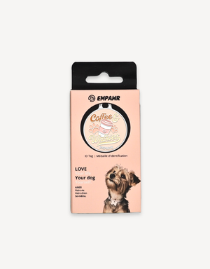 Coffee & Walkies personalized dog ID tag by EMPAWR — coffee-inspired jewelry-grade engraved pet tag.