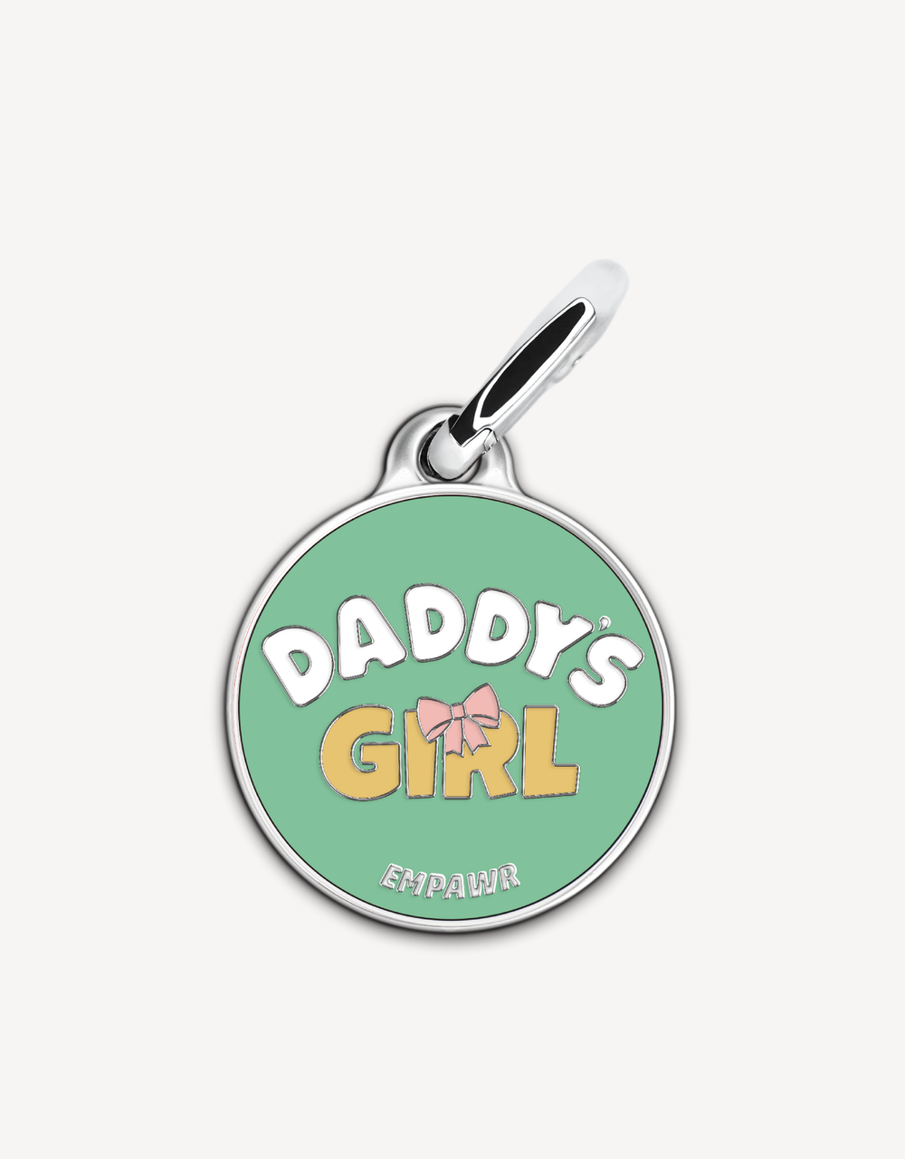 Empawr charm with the phrase "Daddy's Girl" in yellow letters on a green background, with a pink bow and silver trim. The brand name "EMPAWR" is at the bottom.