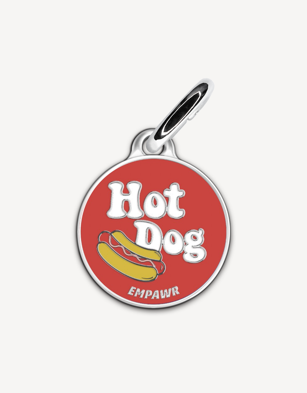 Cute hot dog themed personalized dog ID tag by EMPAWR — engraved pet tag with your dog’s details.