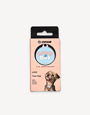 Empawr "Mama's Boy" charm packaging, featuring a light blue charm with pink letters and a blue baseball cap graphic on a card with the brand logo and the phrase "Love Your Dog." A small dog is pictured on the right side of the card.