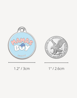 Empawr "Mama's Boy" charm next to a US dollar coin for size comparison. The charm is 1.2 inches (3 cm) in diameter, and the coin is 1 inch (2.6 cm). The charm is light blue with pink letters and a blue baseball cap graphic.