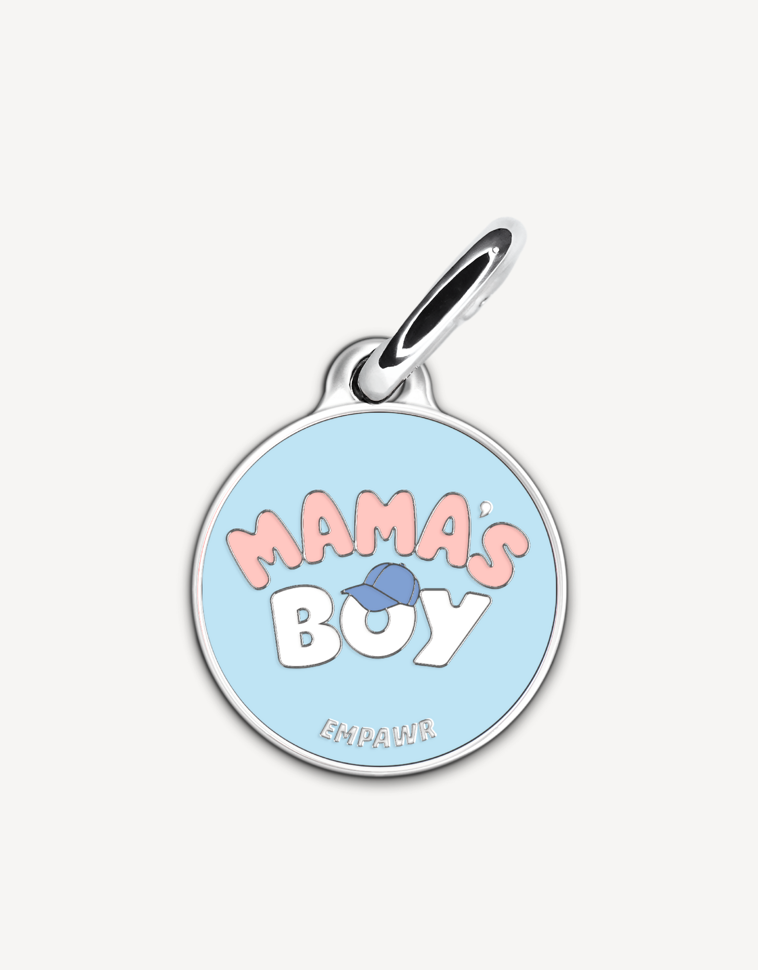 Empawr charm with the phrase "Mama's Boy" in light pink letters on a light blue background, with a blue baseball cap graphic and silver trim. The brand name "EMPAWR" is at the bottom.