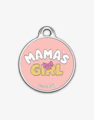 Empawr charm with the phrase "Mama's Girl" in yellow letters on a pink background, with a pink bow and silver trim. The brand name "EMPAWR" is at the bottom.