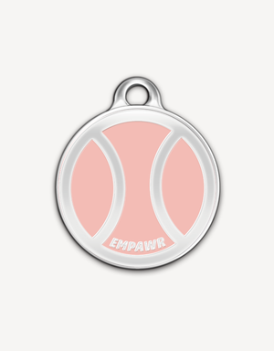 Empawr pink tennis ball charm with silver trim and loop for attaching to a bracelet or necklace. The charm has the word "EMPAWR" at the bottom.