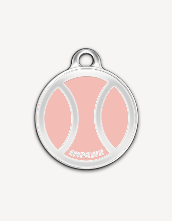 Empawr pink tennis ball charm with silver trim and loop for attaching to a bracelet or necklace. The charm has the word "EMPAWR" at the bottom.