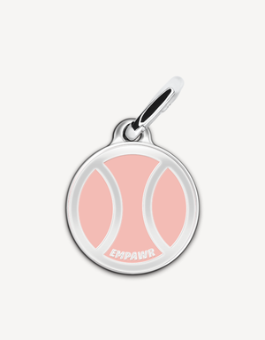 empawr tennis ball charm, pink and white enamel on a silver-tone backing.